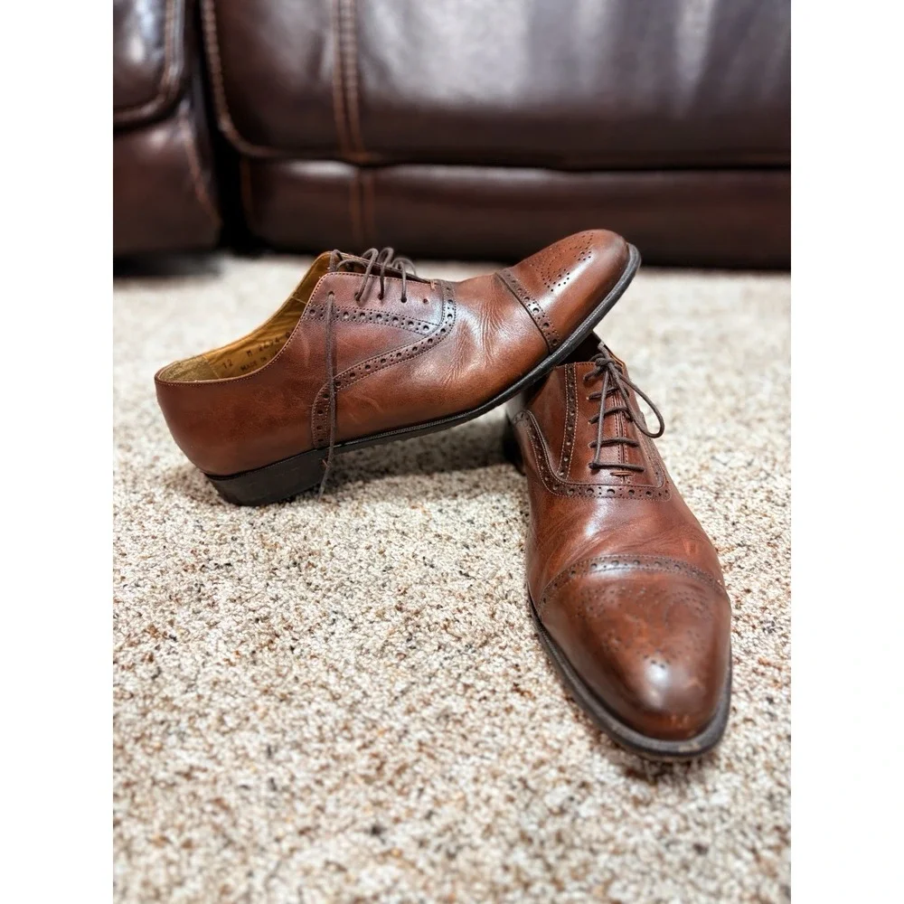 John W Nordstrom Oxfords Dress Shoes Mens Size 12 Brown Leather Cap Toe Italy